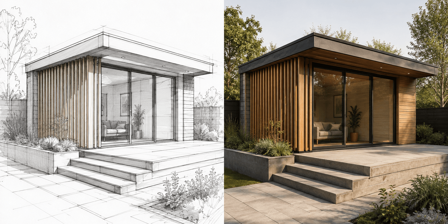 Architectural sketch and rendered concept side by side