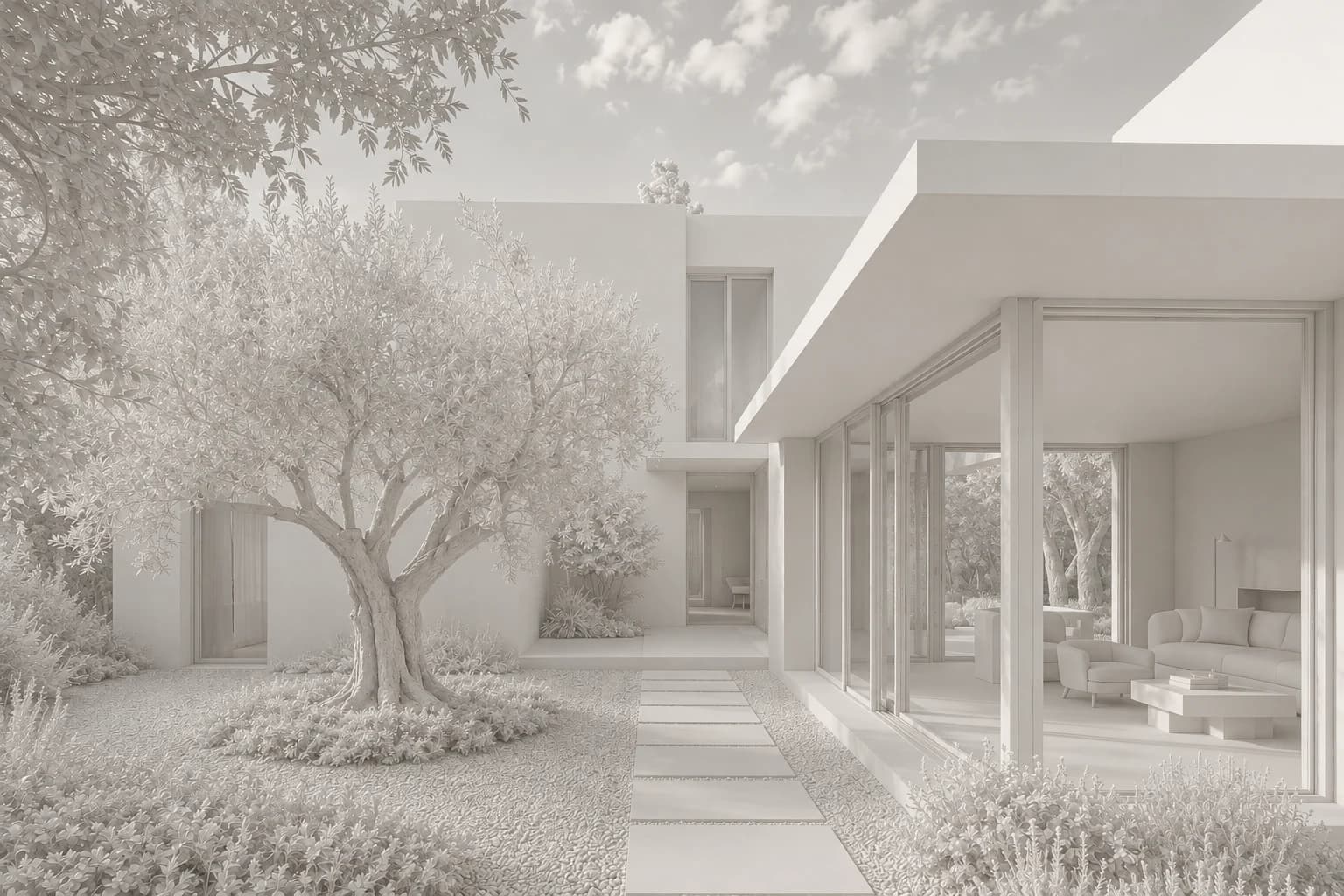 Untextured clay render of the same courtyard house