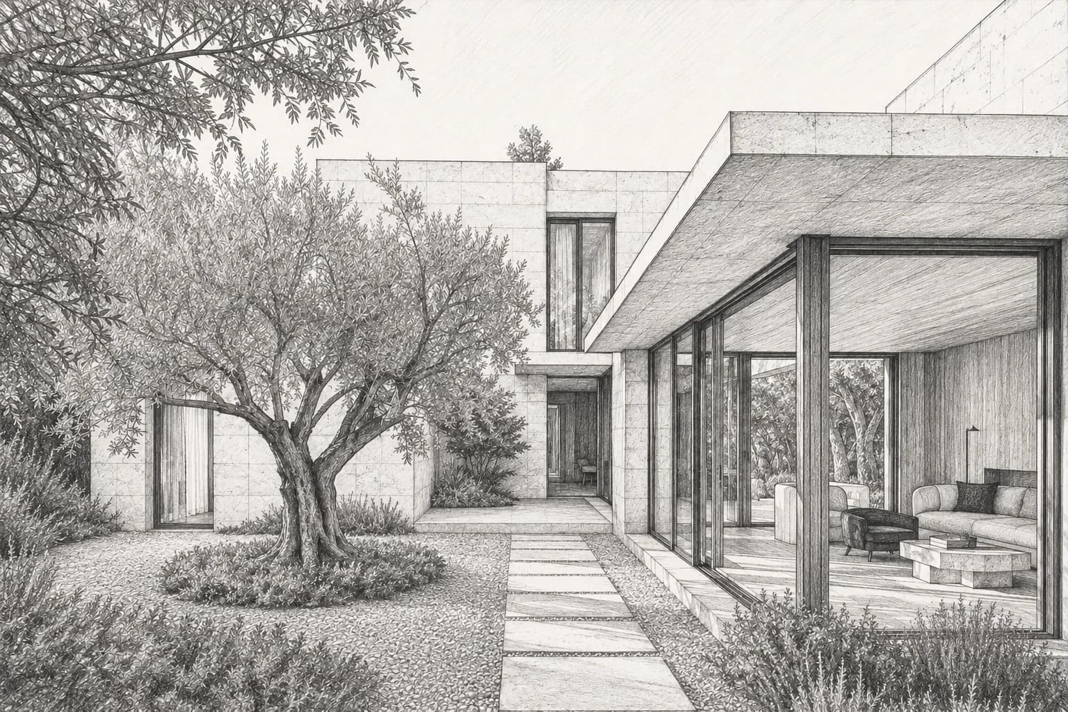 Graphite architectural sketch of the courtyard house, olive tree and glazed living room