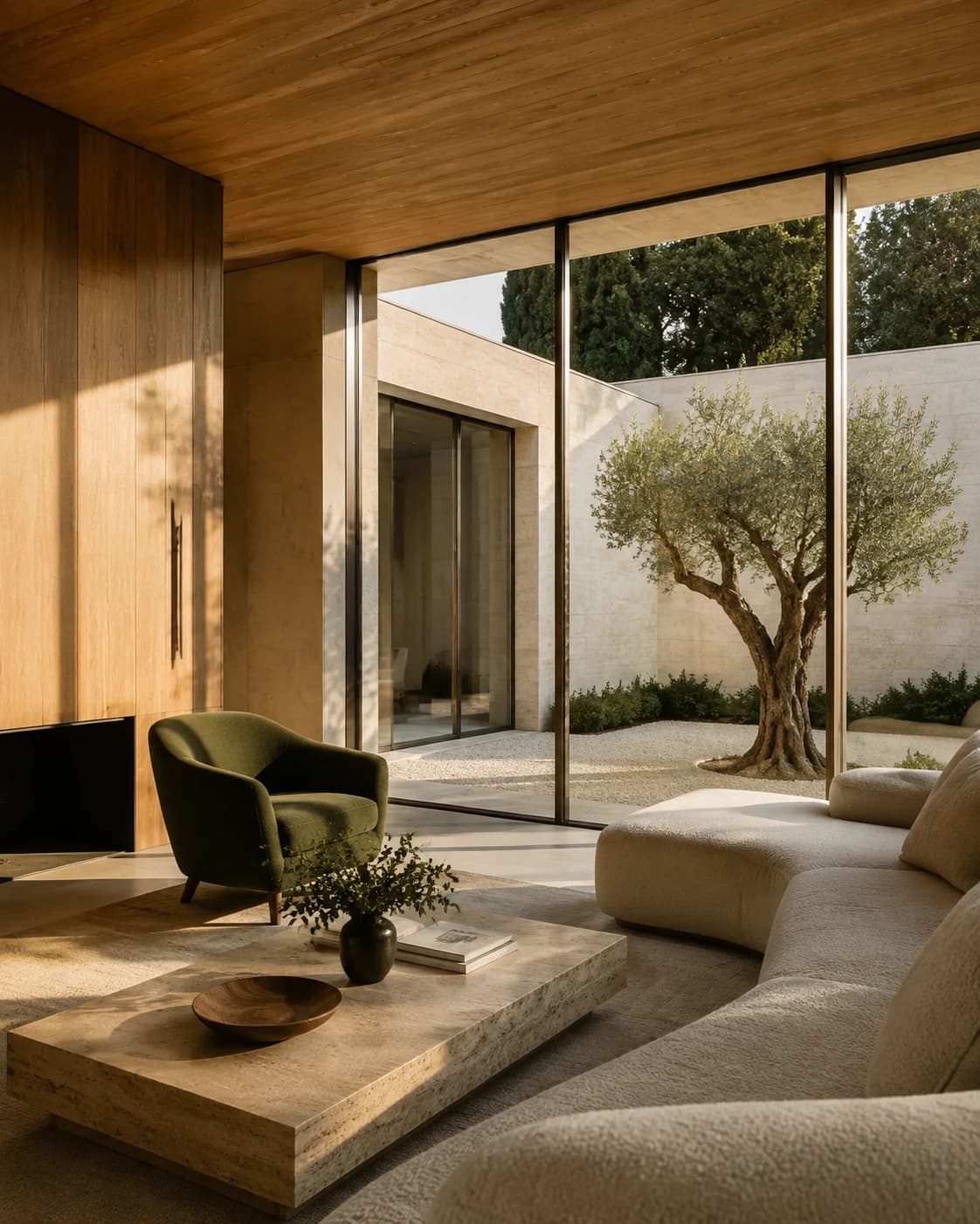 The same living room furnished with a cream sofa and green lounge chair