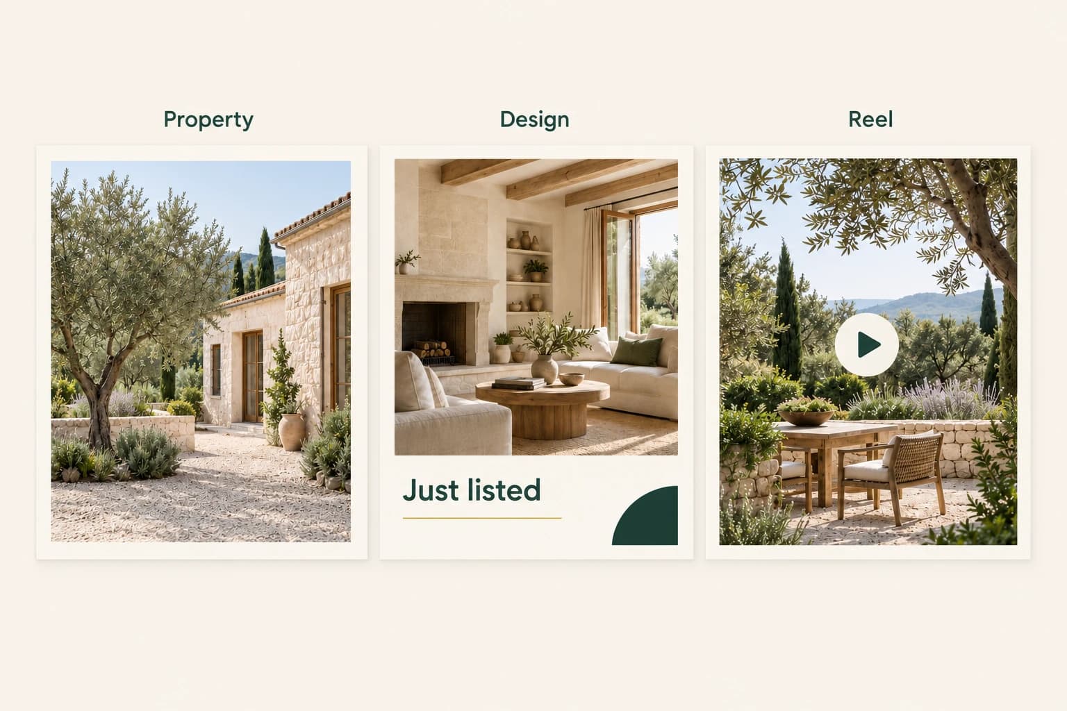 Three aligned editorial cards show a stone property photograph, a cream and forest-green Just listed design and a garden reel concept.