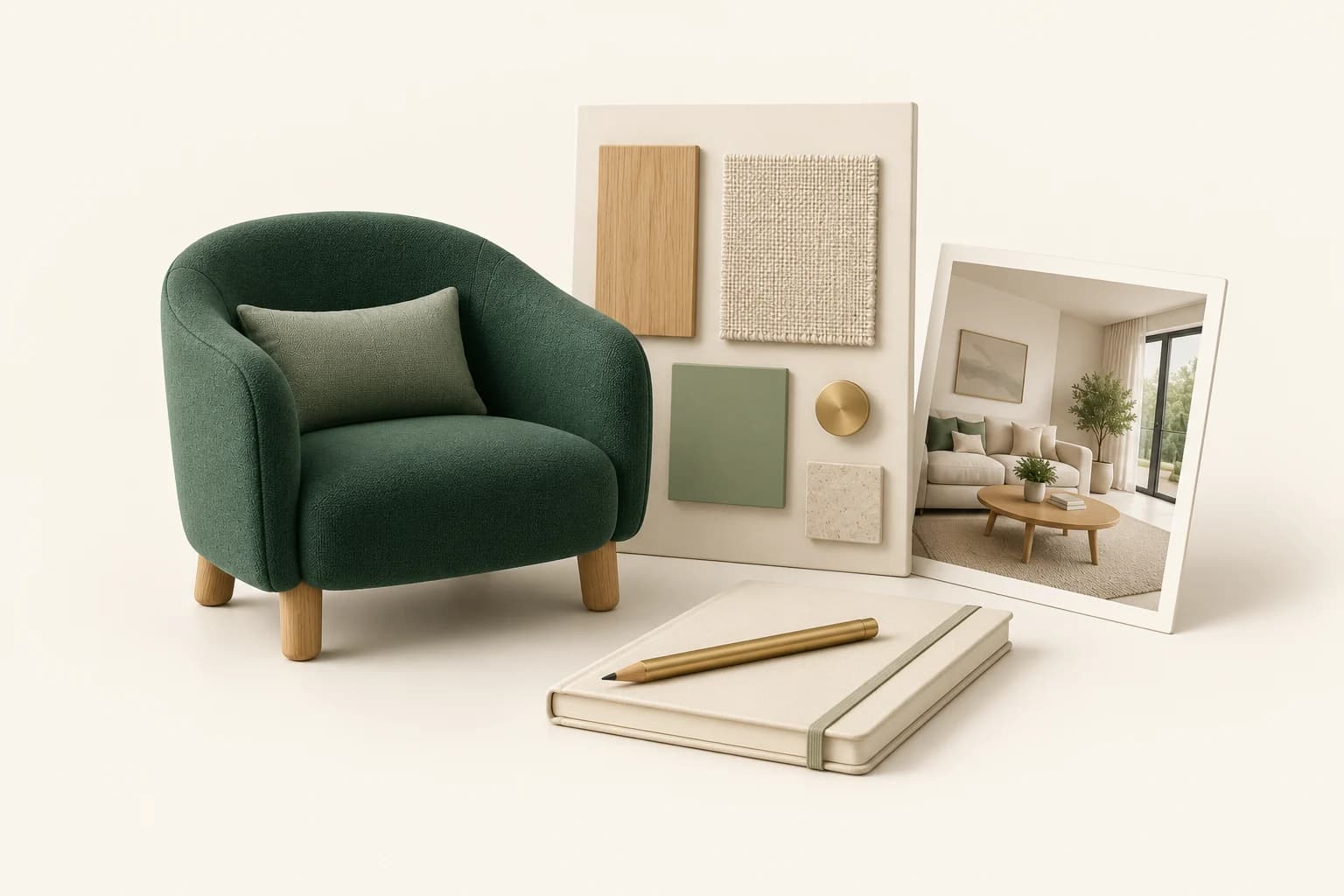 A green armchair miniature, linen and oak material board, cream notebook and room reference image.