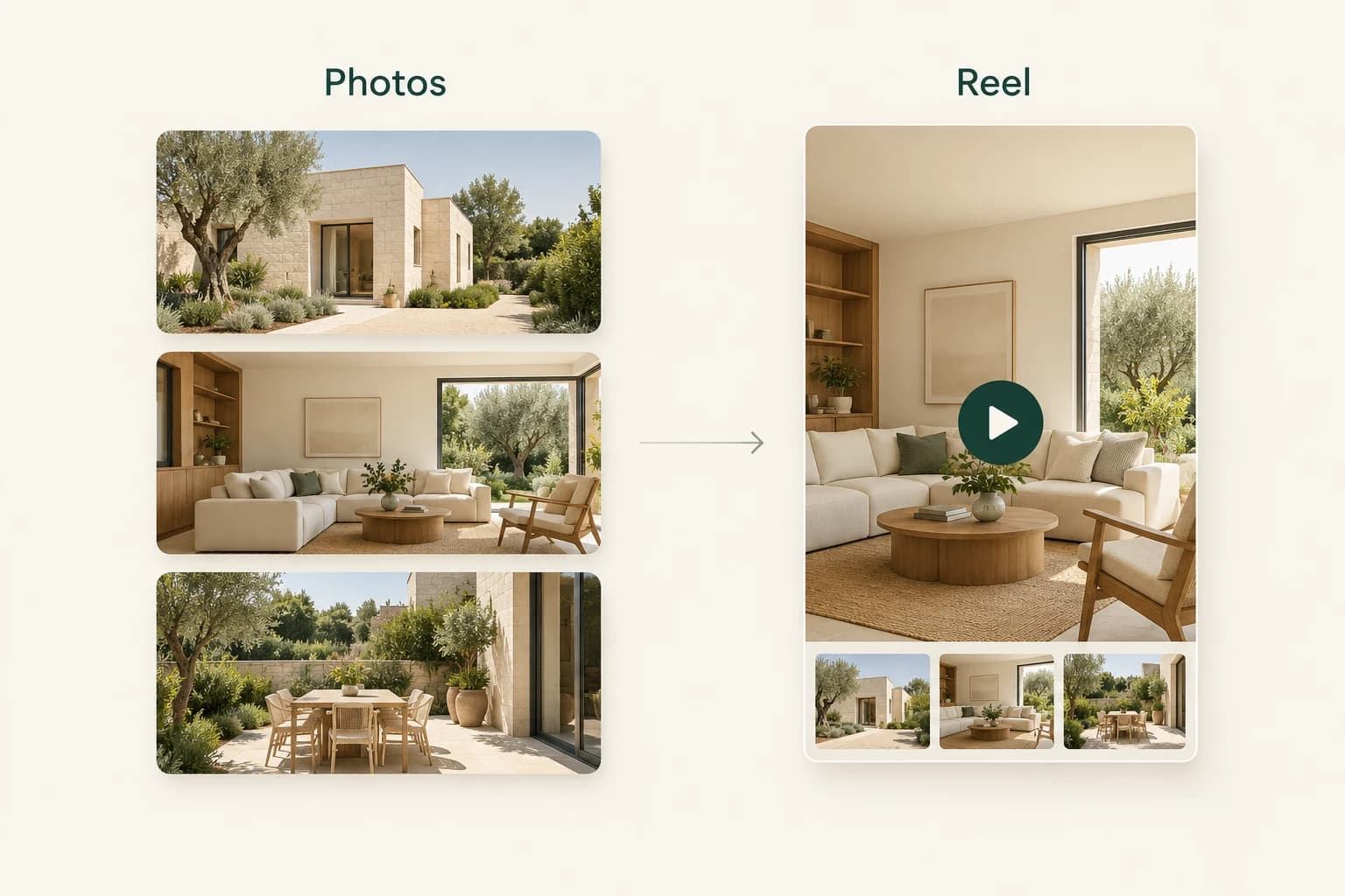 Editorial illustration of three property photographs arranged beside a portrait reel frame on a warm cream background.