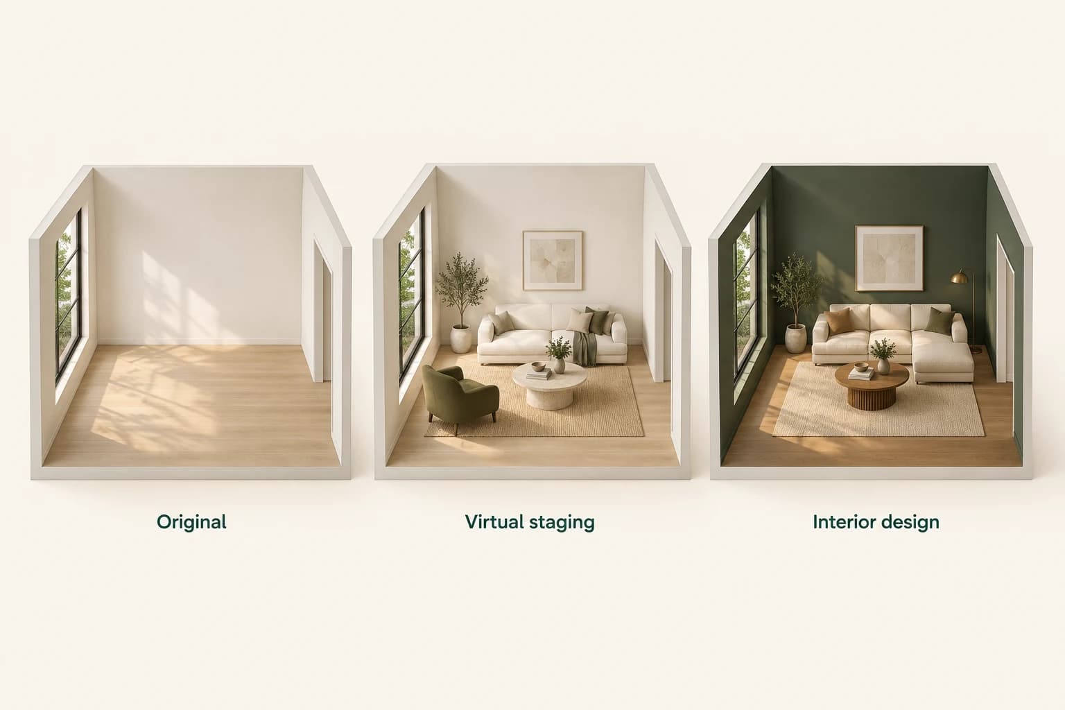 Three matching miniature rooms show an empty original, a furnished staging concept with unchanged finishes and an interior design concept with green walls.