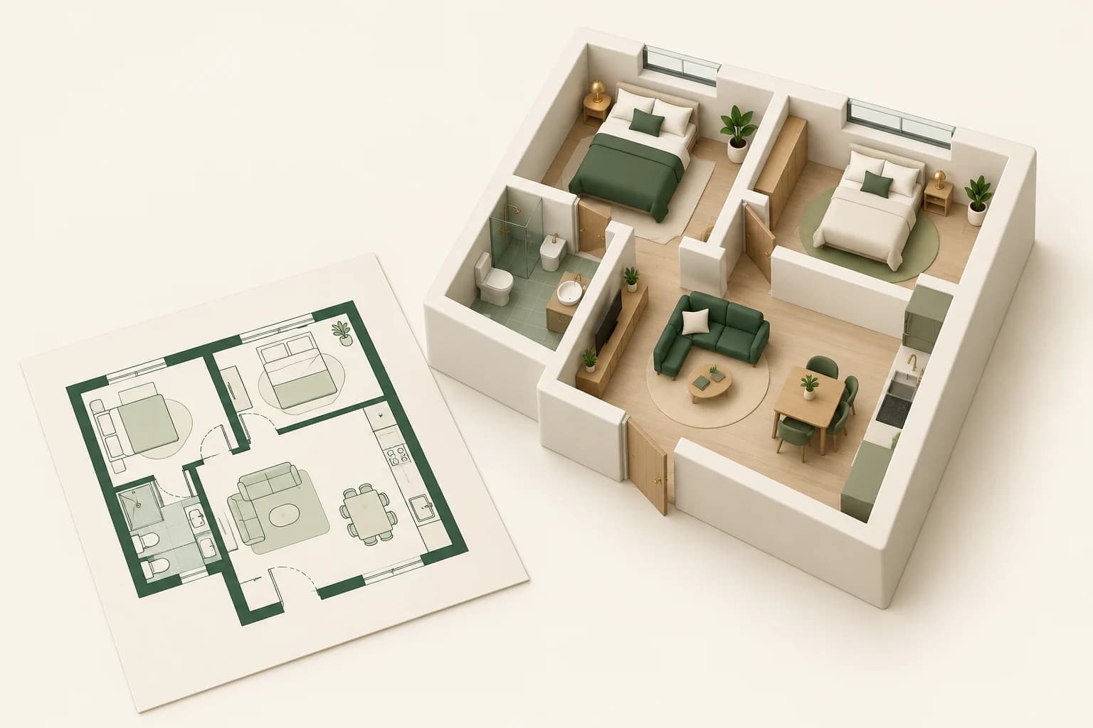 A clean two-dimensional plan beside a furnished miniature apartment with its roof removed.